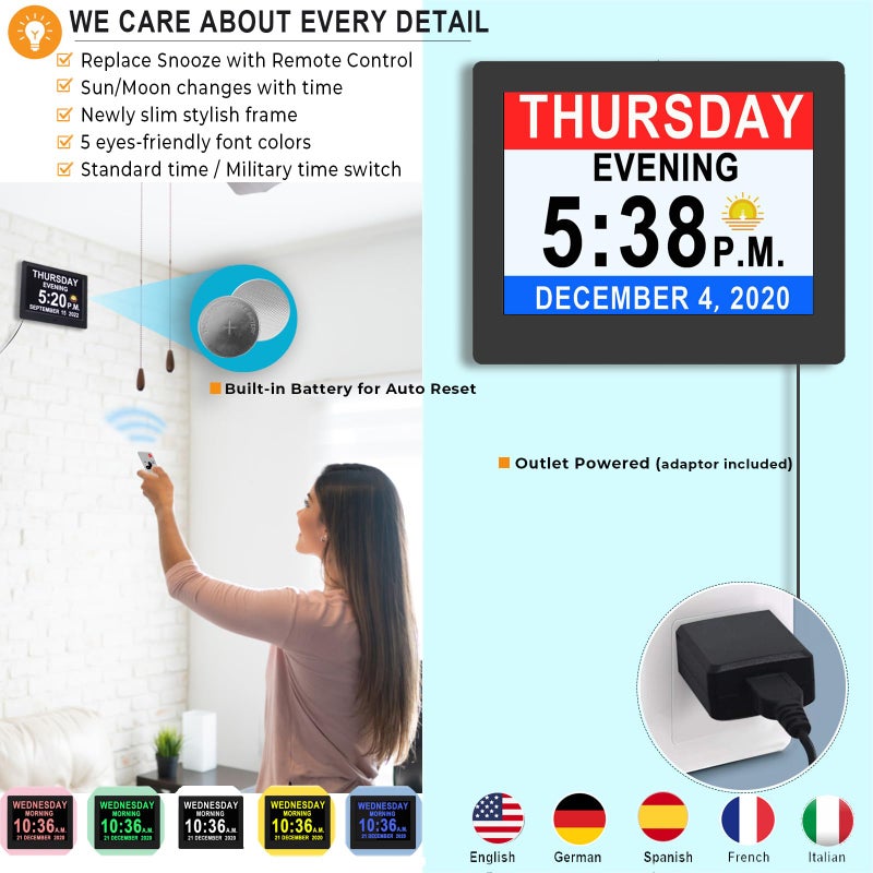 VÃ©faÃ®Ã® 20 Alarms Digital Clock 8 INCH Large with 1280 * 800P HD, Auto DST, Custom Reminders, 6 Display, 7 Color Modes, 10-Level Auto Dimmer, Clock for Seniors & Schoolkids- with Remote - Image 3